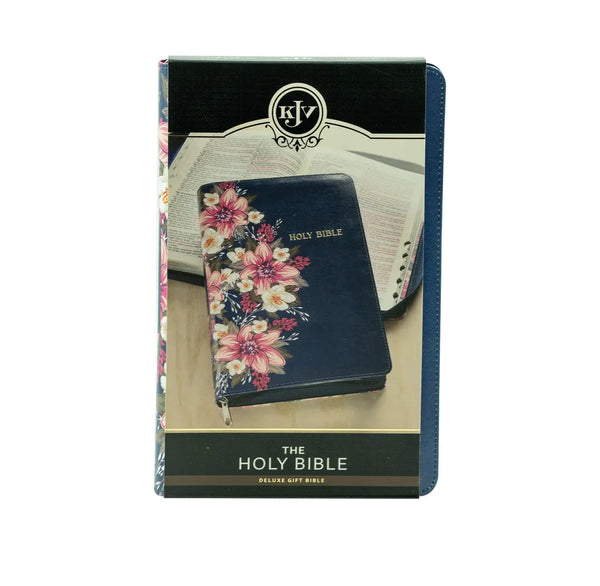 KJV Holy Bible Standard Size Faux Leather Red Letter Edition Thumb Index & Ribbon Marker, King James Version, Blue Floral, Zipper Closure (KJV Deluxe Gift Editions)